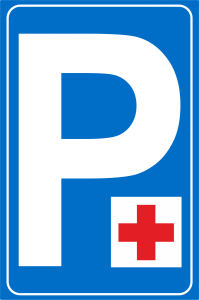 Parkplatzschild mit rotem Kreuz für Doktor und Patient